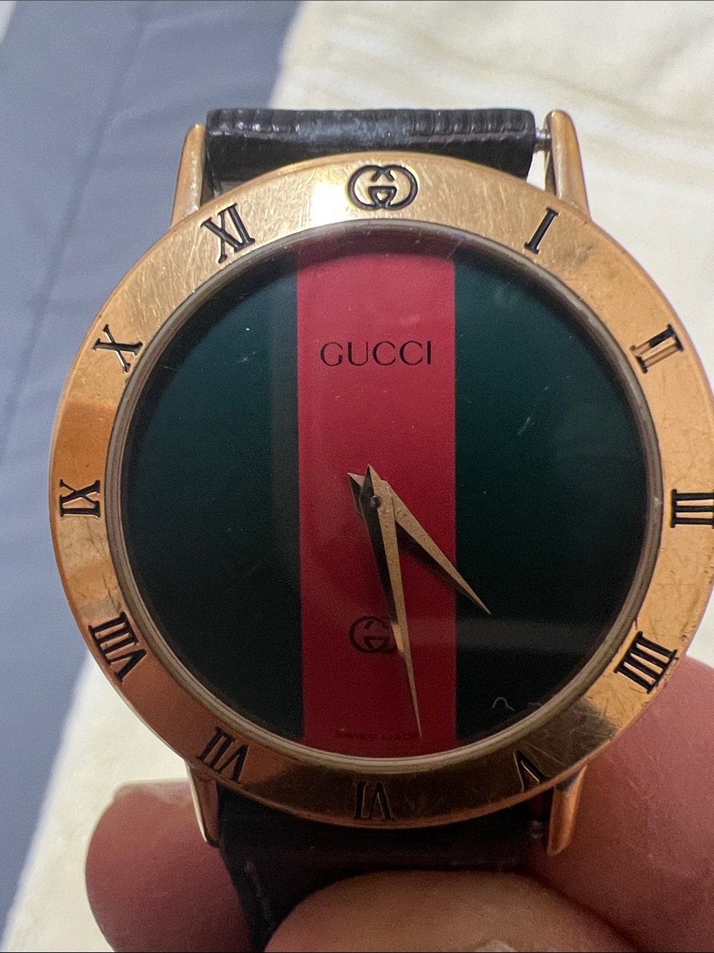 Gucci Gold-Tone Watch with Green and Red Stripe Dial